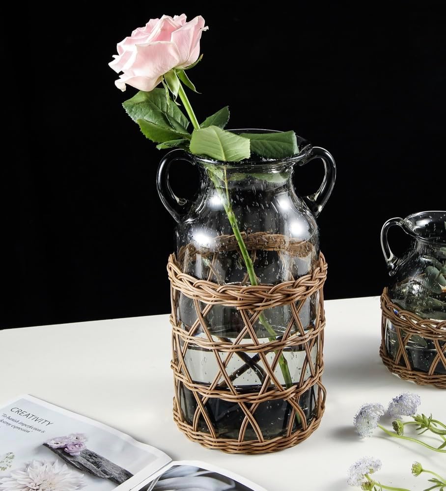 KIANG Vase - Perfect Home Decor and Thoughtful Gift for Grandparents（Dark Forest Rattan Series-Large Gray Vase