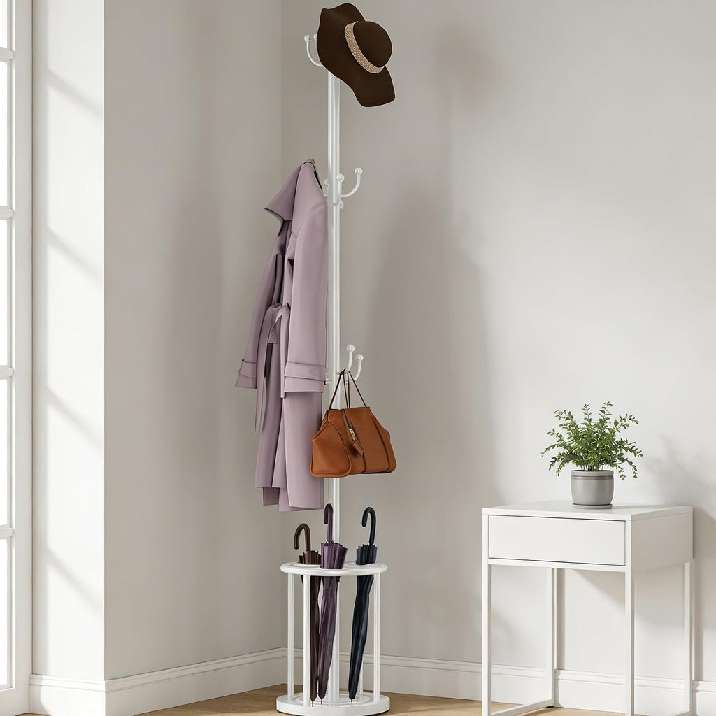 Coat Rack Freestanding, Coat Rack Stand with Umbrella Holder, Coat Tree, Coat Hanger Stand with 12 Hooks for Clothes Bag Hats, Used in Bedroom, Office, Living Room and Entryway-White