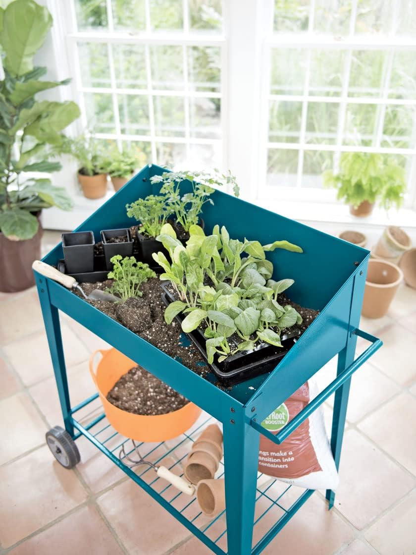Gardener's Supply Company Demeter Metal Potting Bench with Wheels | Heavy Duty Outdoor Garden Work Table Workbench Workstation with Side Metal Sidewalls | Best for Seed Starter Planting & Transplants