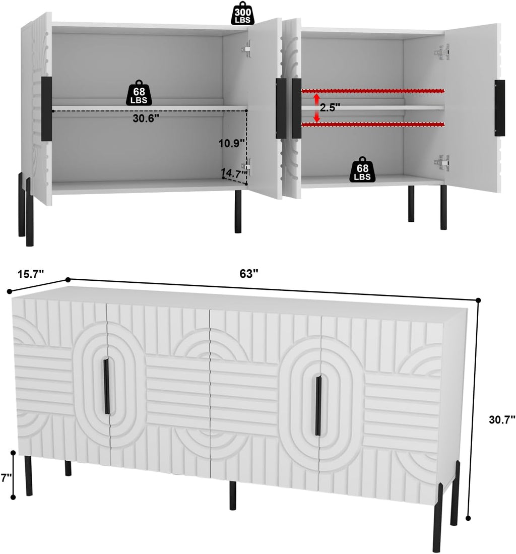 White Buffet Cabinet with Storage: 63" Fluted Sideboard Cabinet with 4 Doors, Wood Credenzas for Living Room, Mid Century Modern Sideboard Cabinets (White)
