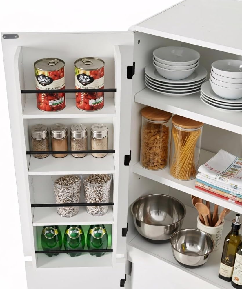 72" Tall Farmhouse Kitchen Pantry Cabinet, Curved Storage Cabinet with 3 Adjustable Shelves, 8 Door Shelves & Hidden Drawer for Kitchen Dining Bathroom (White)