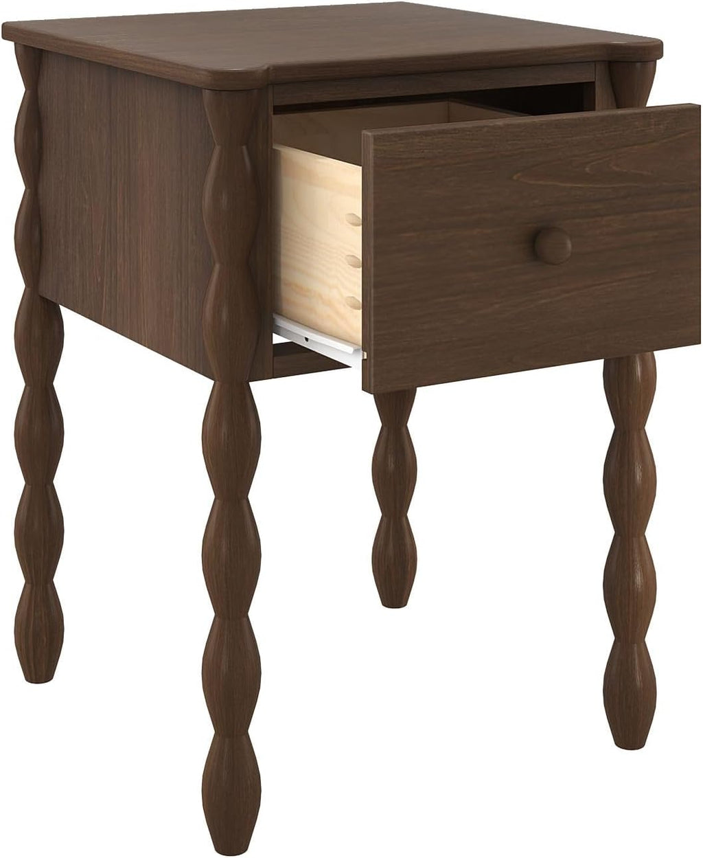 Max & Lily Jenny Kids Nightstand with 1 Drawer, Solid Pine Wood, Turned Spindle Legs, Low-VOC Finish, Vintage-Style Bedroom Side Table, Walnut
