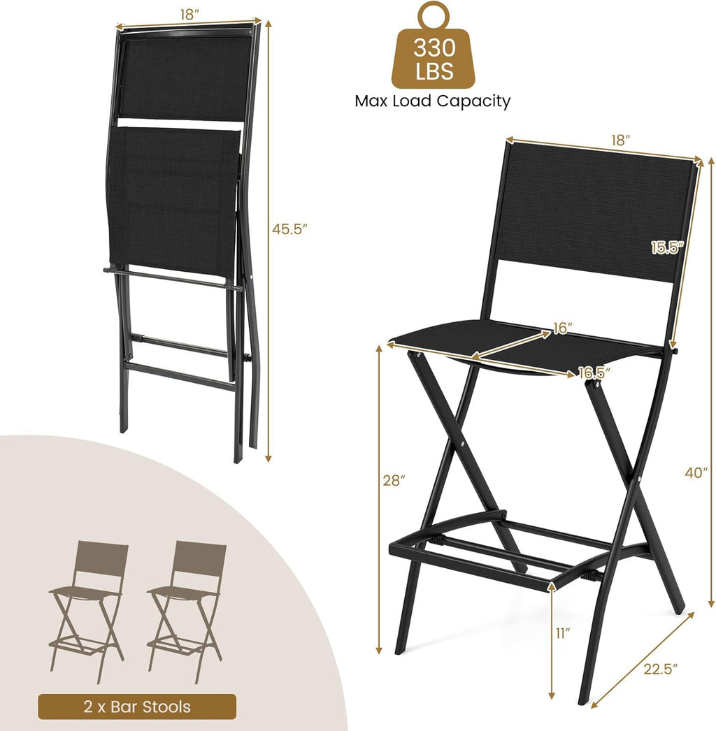 COSTWAY Outdoor Patio Bar Chair Set of 2, Folding Counter Height Stool with Metal Frame & Footrest, Patio Bar Stool for Balcony, Garden & Poolside (2, Black)