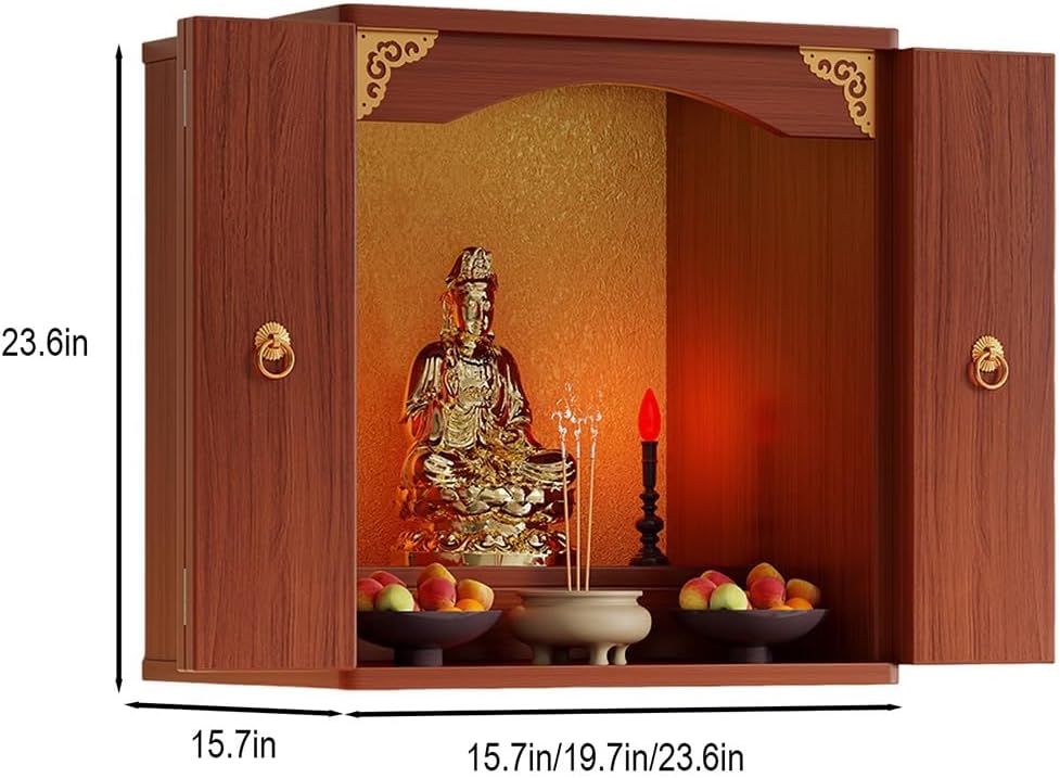 Personal Shrine Stand, Puja Meditation Prayer Table with Storage Tier, Wooden Chinese Altar Table for Living Room, Bedroom, Office(Brushed Oak,15.7 * 15.7 * 23.6in)