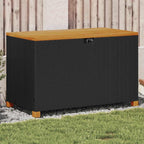 Poly Rattan Storage Box with Acacia Wood Top, Patio Storage Box Black 43.3"x21.7"x24.8", Garden Bench Seat with Waterproof Bag