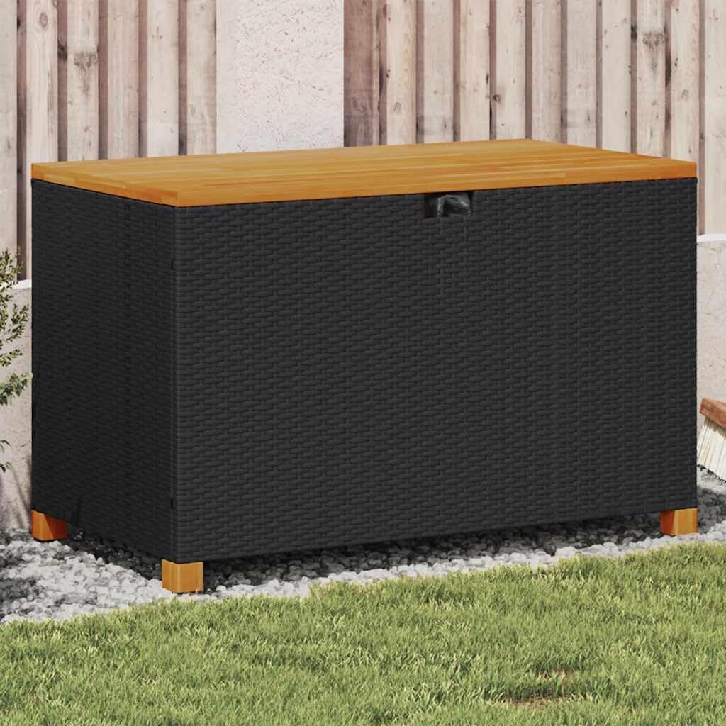 Poly Rattan Garden Storage Box with Acacia Wood Top, 43.3"x21.7"x24.8" Patio Storage Bench Seat with Waterproof Bag and Gas Spring