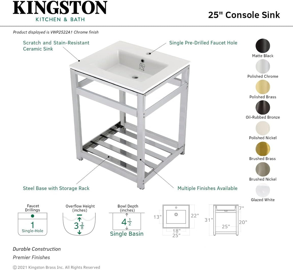 Kingston Brass VWP2522A0 Quadras 25-Inch Ceramic Console Sink (1-Hole), White/Matte Black