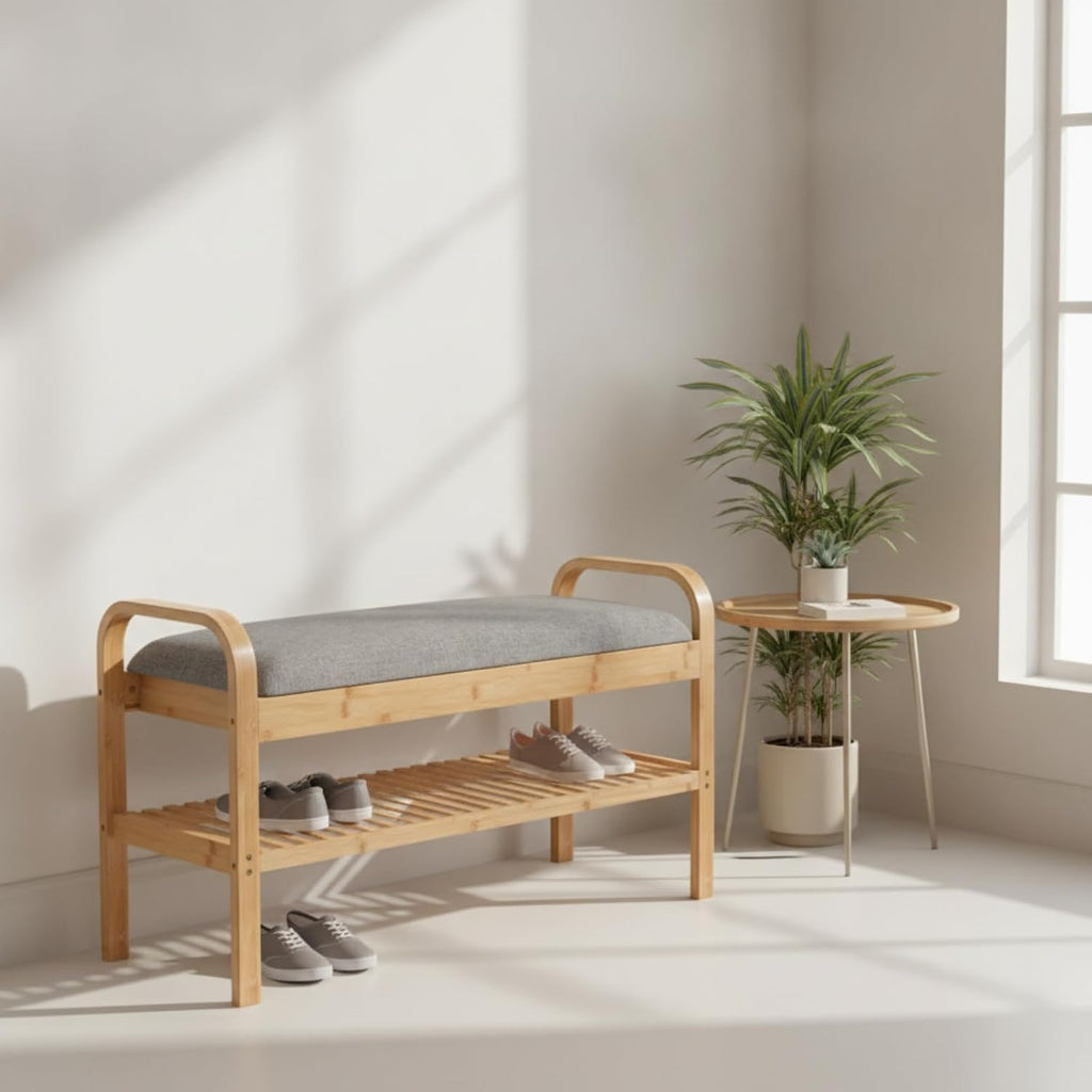Fenteer Children Footstool Upholstered Bench with Storage and Slatted Shoe Shelf Bamboo Construction with Straight Legs Compact Design for Small Suitable for Hallway Dorm condo Kids Room