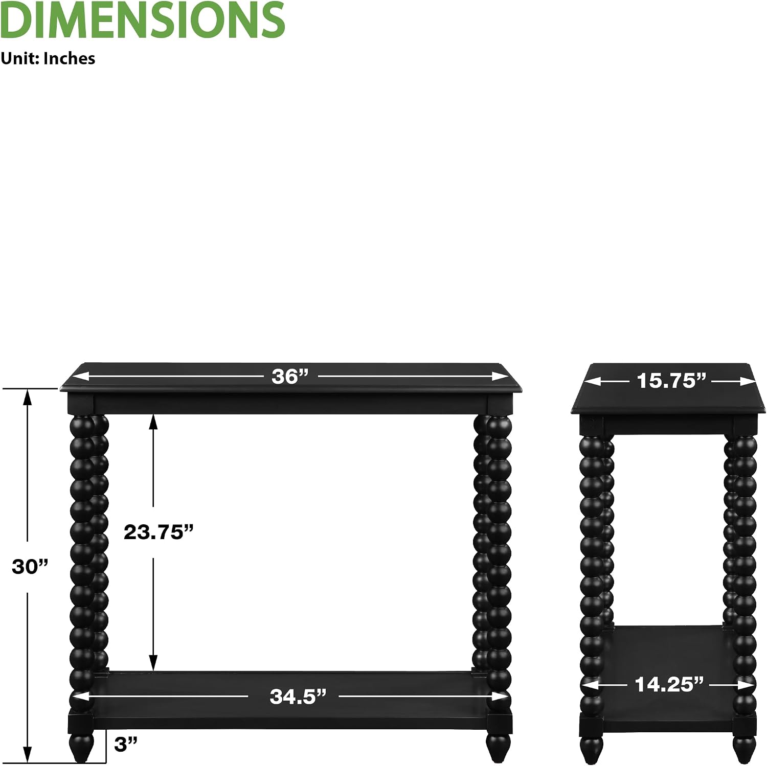 OSP Home Furnishings Elise Cottage Style Table with Spindle Legs, Open Storage Shelf, Foyer Table, Black Finish