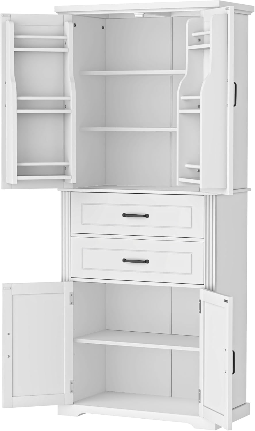 73 Inch Bathroom Storage Cabinet with Door Shelves, White | White MDF, bathroom kitchen or dining room, door shelves, adjustable shelf, lower compartments, anti-tip devices, 72.5 in H