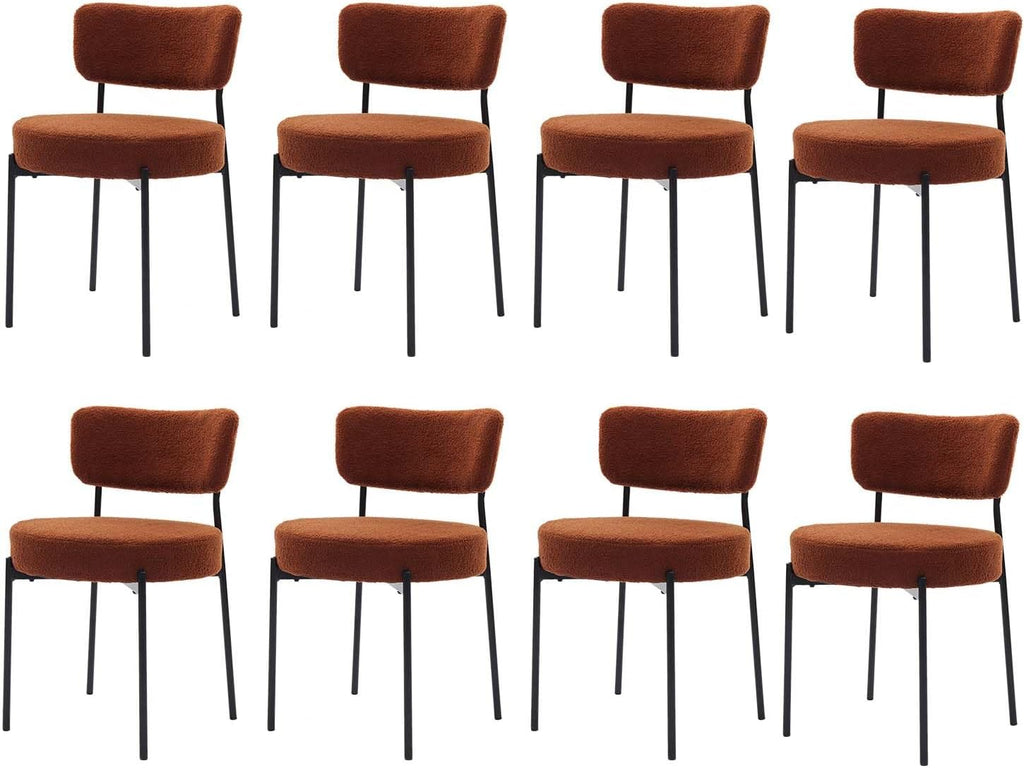 Boucle Dining Chair Set of 8, Mid Century Modern Upholstered Kitchen Chairs with Curved Backrest & Black Metal Legs, Round Dining Room Chairs, Brown