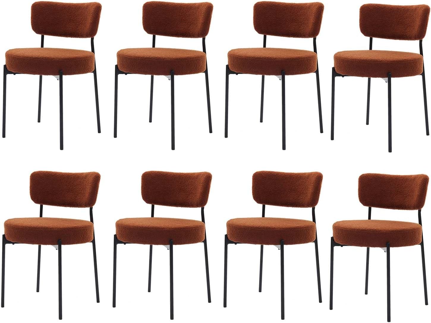 Boucle Dining Chair Set of 8, Mid Century Modern Upholstered Kitchen Chairs with Curved Backrest & Black Metal Legs, Round Dining Room Chairs, Brown
