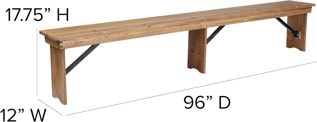 EMMA + OLIVER 8' x 12" Antique Rustic Solid Pine Folding Farm Bench with 3 Legs