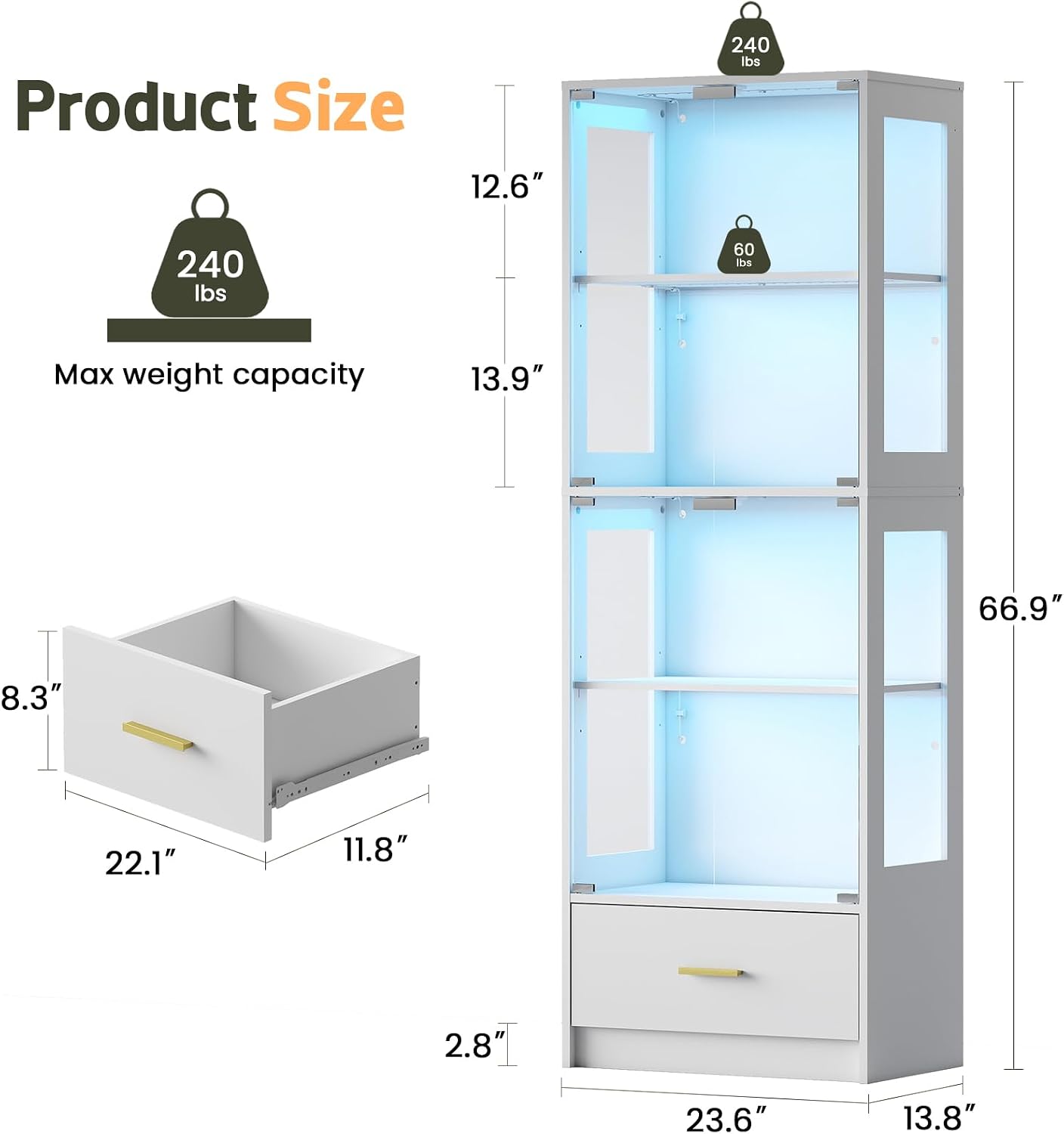 Lamtor Glass Display Cabinet with Doors - Curio Cabinet with Dynamic LED Lights for Collectibles, 67" Display Case with 4 Tier and Drawer for Figure, Toys, Books, White(Narrow)