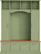 LUMISOL 4-in-1 Hall Tree with Golden Hooks & Handles, Entryway Bench with Adjustable Shelves, 76.7”H Farmhouse Style Coat & Shoe Rack for Mudroom, Green