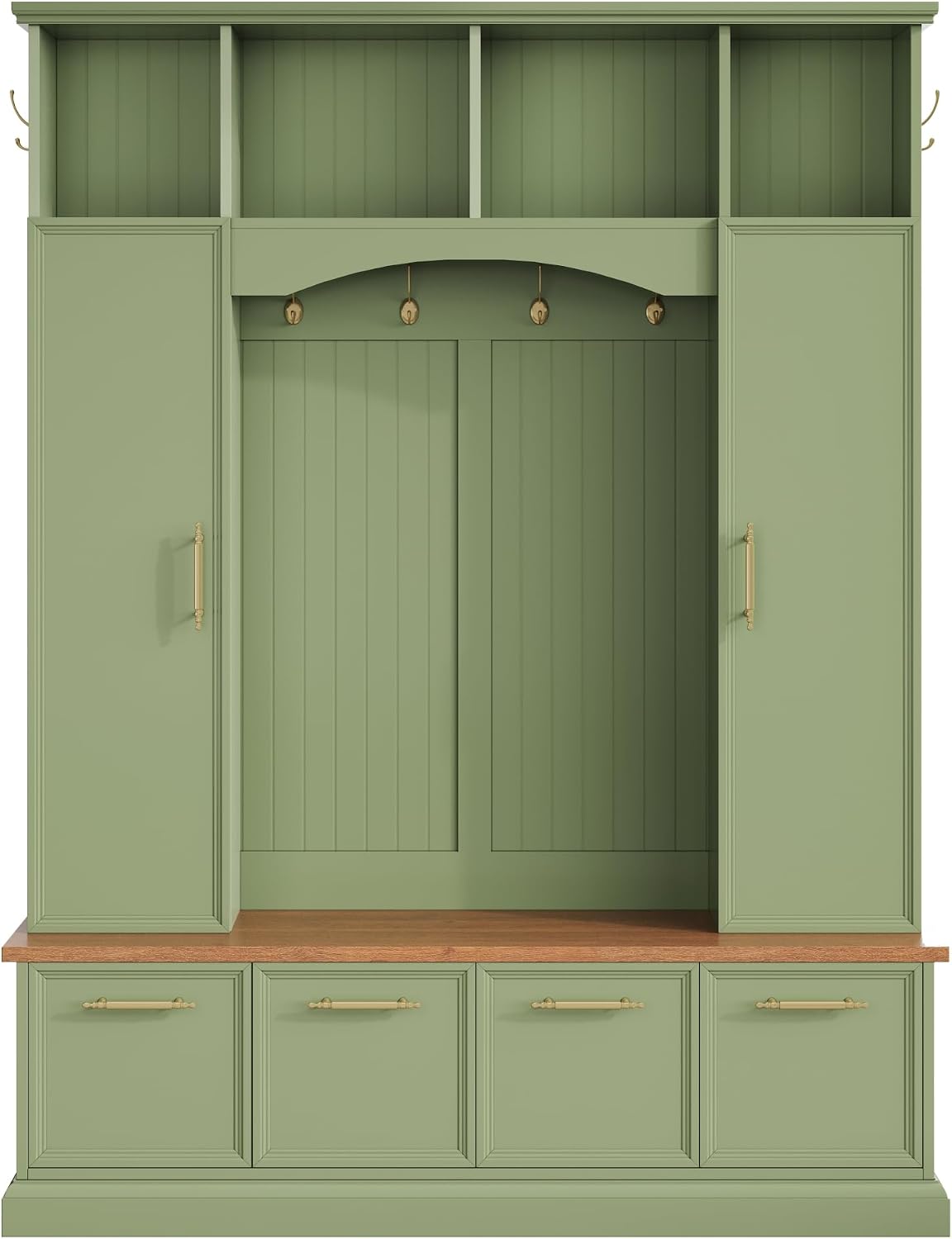LUMISOL 4-in-1 Hall Tree with Golden Hooks & Handles, Entryway Bench with Adjustable Shelves, 76.7”H Farmhouse Style Coat & Shoe Rack for Mudroom, Green