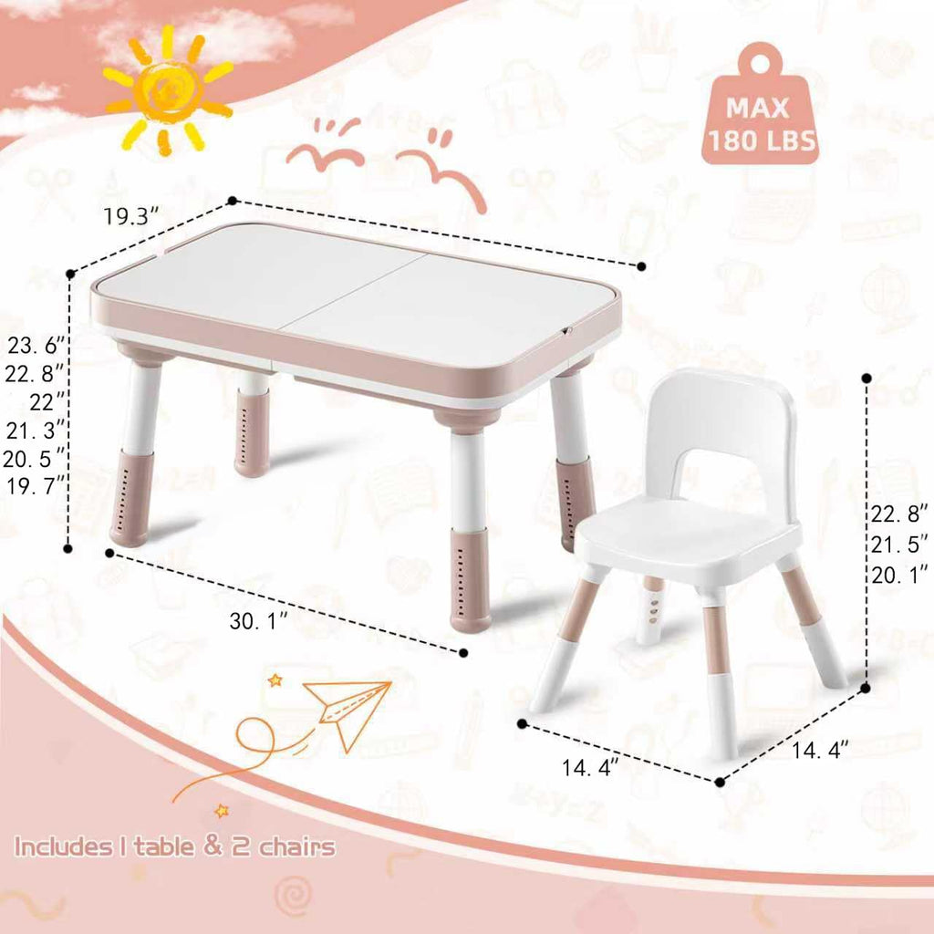 Kids Table and Chair Set with Storage, 5 in 1 Height Adjustable Toddler Table and 2 Chair Set, Toddler Kids Activity Table for Building Blocks/Drawing/Reading/Dining/Sand and Water Play (Pink)