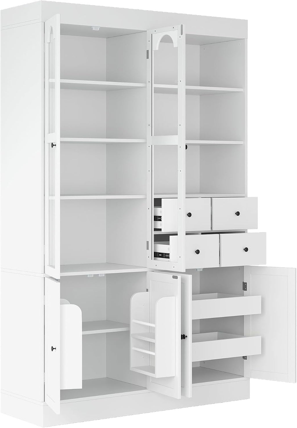Freestanding Buffet with Hutch, 47.2 * 15.7 * 75 inch Tall Kitchen Pantry Cabinet with 4 Drawers, Door Shelves and Pull-Out Trays for Dining, Living Room, White