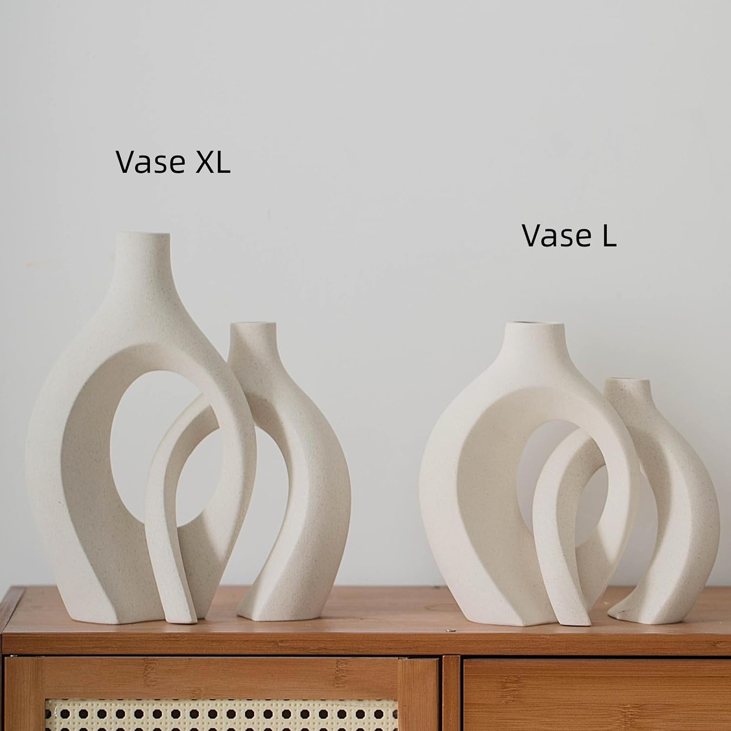 Liotww Extra Large Hollow Nordic Modern Ceramic Vases Set of 2, Milky White Aesthetic Round Donut Boho ins Style Flower Decorative Vase for Room Home Book Shelf Table Decor (Matte W 8" X H 11")