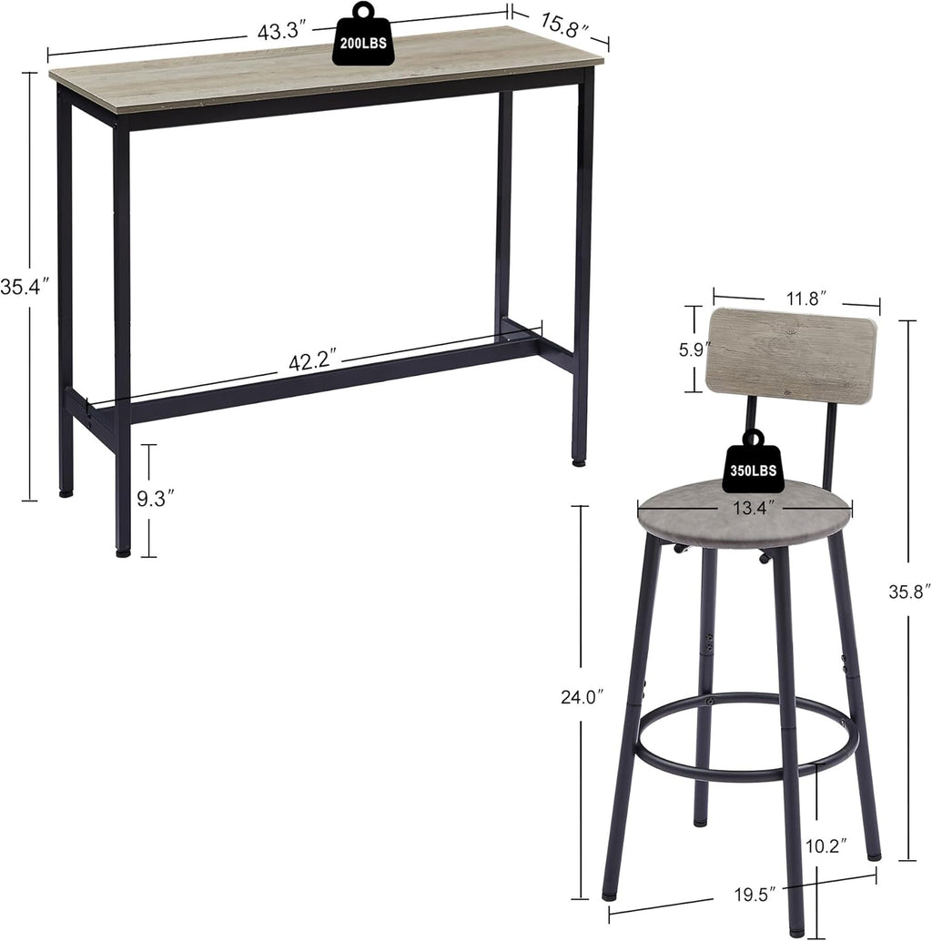 Bar Table for 2,3 Piece Industrial Bar Table and 2 Bar Stools with PU Leather Backrest,Counter Height Kitchen Dining Table with Chairs for Dining Room,Space Saving Breakfast Bar,Rustic Gray