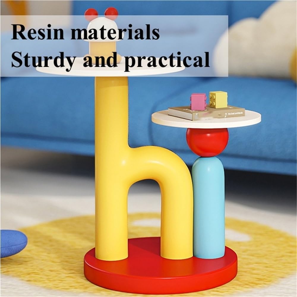 Round End Table with Double-Layer Tabletop, Cute HI-Shape Side Table, Colorful Bedside Table with Stable Base, Creative Coffee Table for Living Room