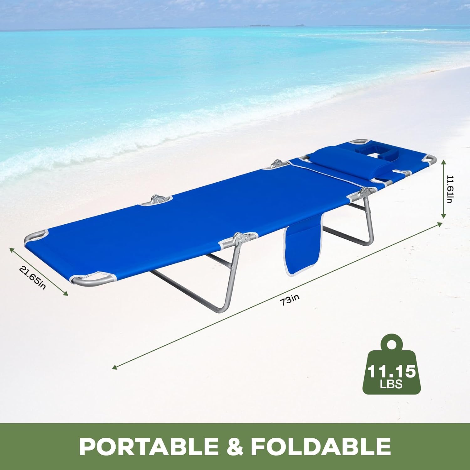 2PK Face-Down Tanning Beach Chair, Adjustable Folding Sunbathing Lounger with Arm Slots, Side Pocket, Lightweight Reclining Chair for Beach, Poolside, Lawn & Patio, Royal Blue