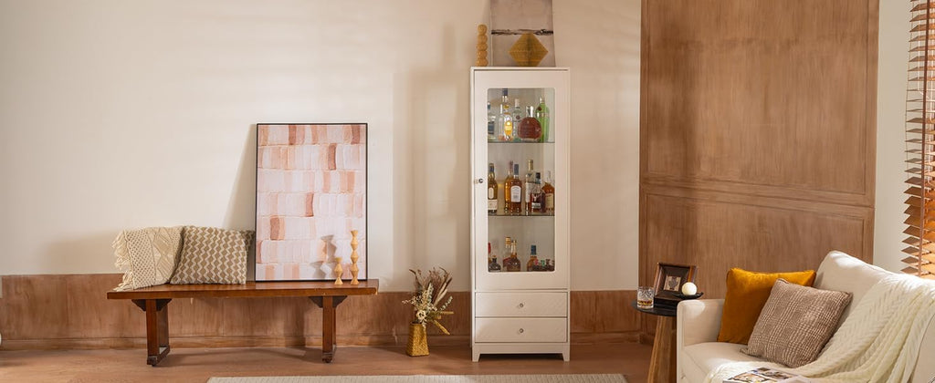 71'' Freestanding Display Cabinet with 2 Storage Drawers, Upholstered Pantry with Ceiling Light,Wine Cabinet with Glass Door and Adjustable Shelves, for Livingroom, Kitchen, Bar & Dining Room - White