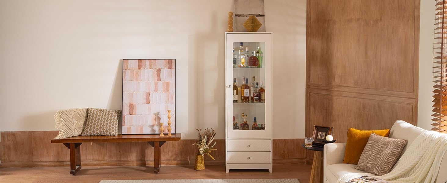 71'' Freestanding Display Cabinet with 2 Storage Drawers, Upholstered Pantry with Ceiling Light,Wine Cabinet with Glass Door and Adjustable Shelves, for Livingroom, Kitchen, Bar & Dining Room - White