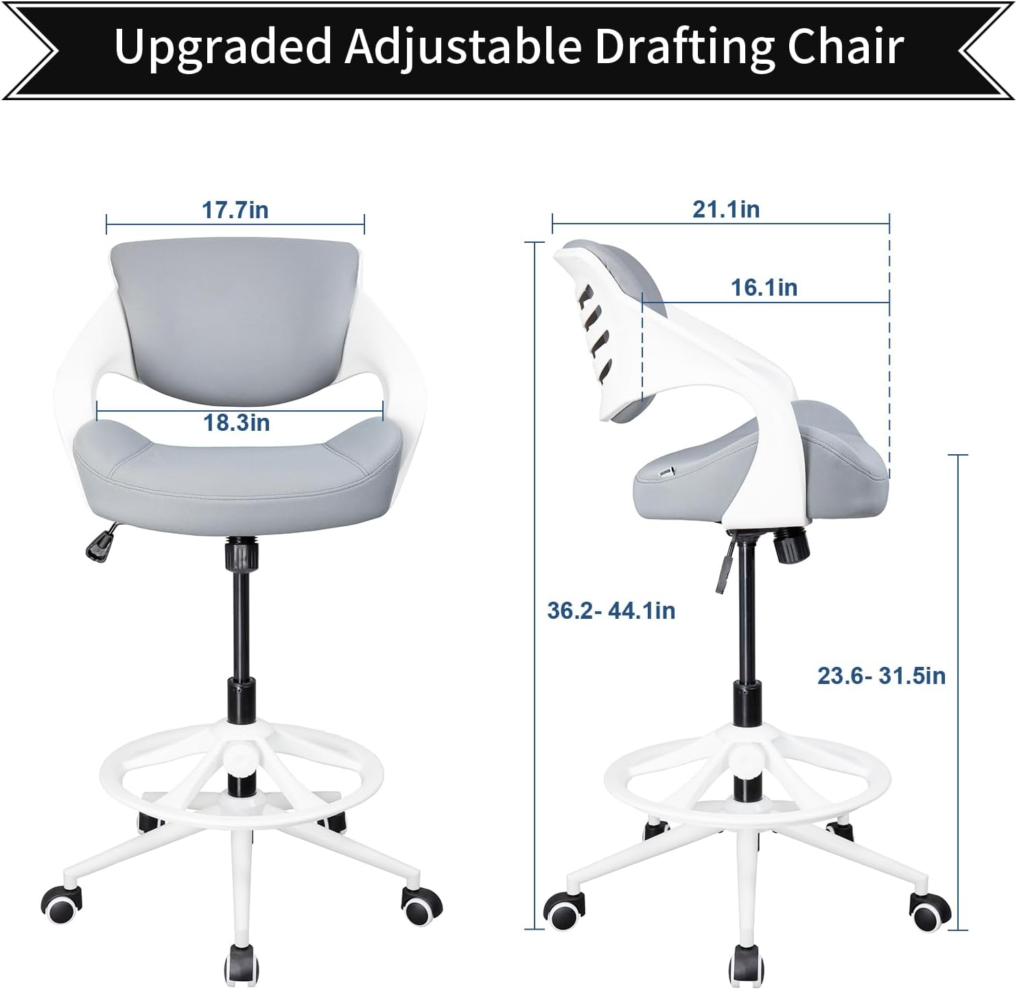 Ergonomic Drafting Chair,Standing Computer Desk Chair,Foot Ring,Lumbar Support,Swivel Task Chair -Grey
