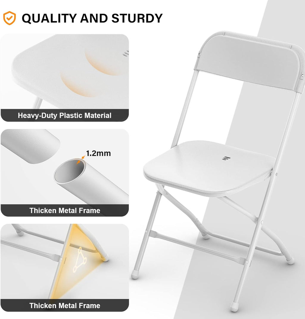 VINGLI White Plastic Folding Chairs, Set of 1, Heavy-Duty Commercial Seats with Steel Frame, 350 lb Capacity, for Indoor & Outdoor Events, Office, Wedding, Party & Dining (1, White, S)