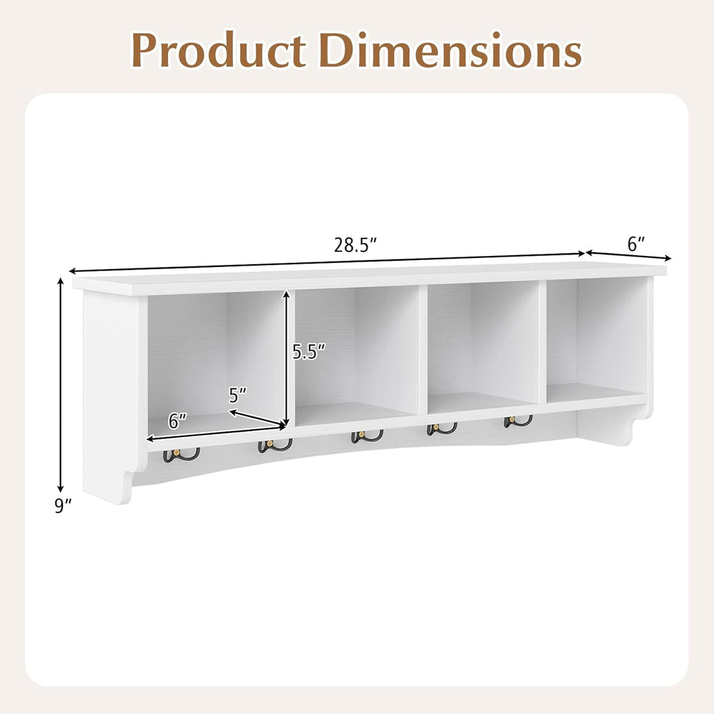 Giantex Wall Mounted Coat Rack, 28.5'' Wooden Floating Shelf with 4 Cubbies & 5 Double Hooks, Modern Space-Saving Storage Display Organizer for Entryway, Hallway, Mudroom (White)