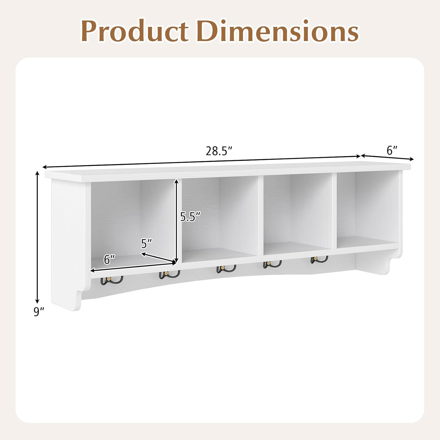 Giantex Wall Mounted Coat Rack, 28.5'' Wooden Floating Shelf with 4 Cubbies & 5 Double Hooks, Modern Space-Saving Storage Display Organizer for Entryway, Hallway, Mudroom (White)