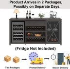 LVB Long Bar Cabinet with Fridge Space, Farmhouse Big Liquor Cabinet with Drawer Storage, Rustic Wood Metal Large Wine Cabinet with Rack, Modern Sideboard Buffet for Kitchen Dining Room, Gray, 70 Inch