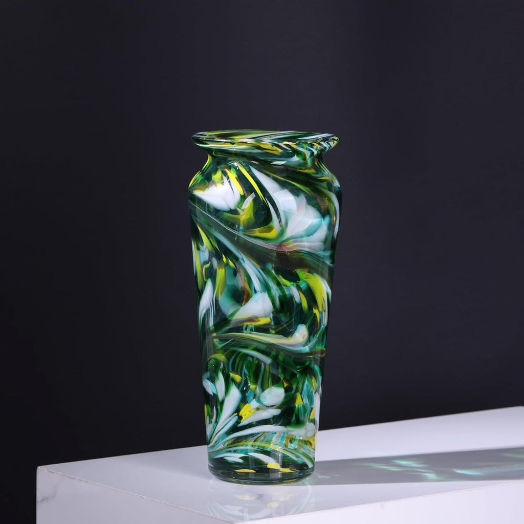 Green Hand Blown Glass Vase – Tall Speckled Decorative Centerpiece in Murano Style for Dining Table, Coffee Table, Mantel, Entryway, or Bookshelf in Coastal or Modern Decor (Green)