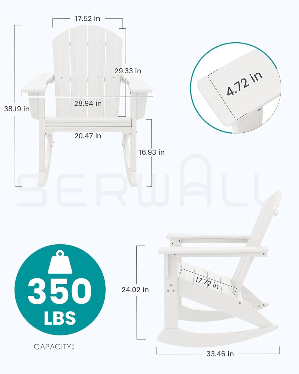 SERWALL Outdoor HDPE Adirondack Rocking Chairs Set of 2 with Pillows, White