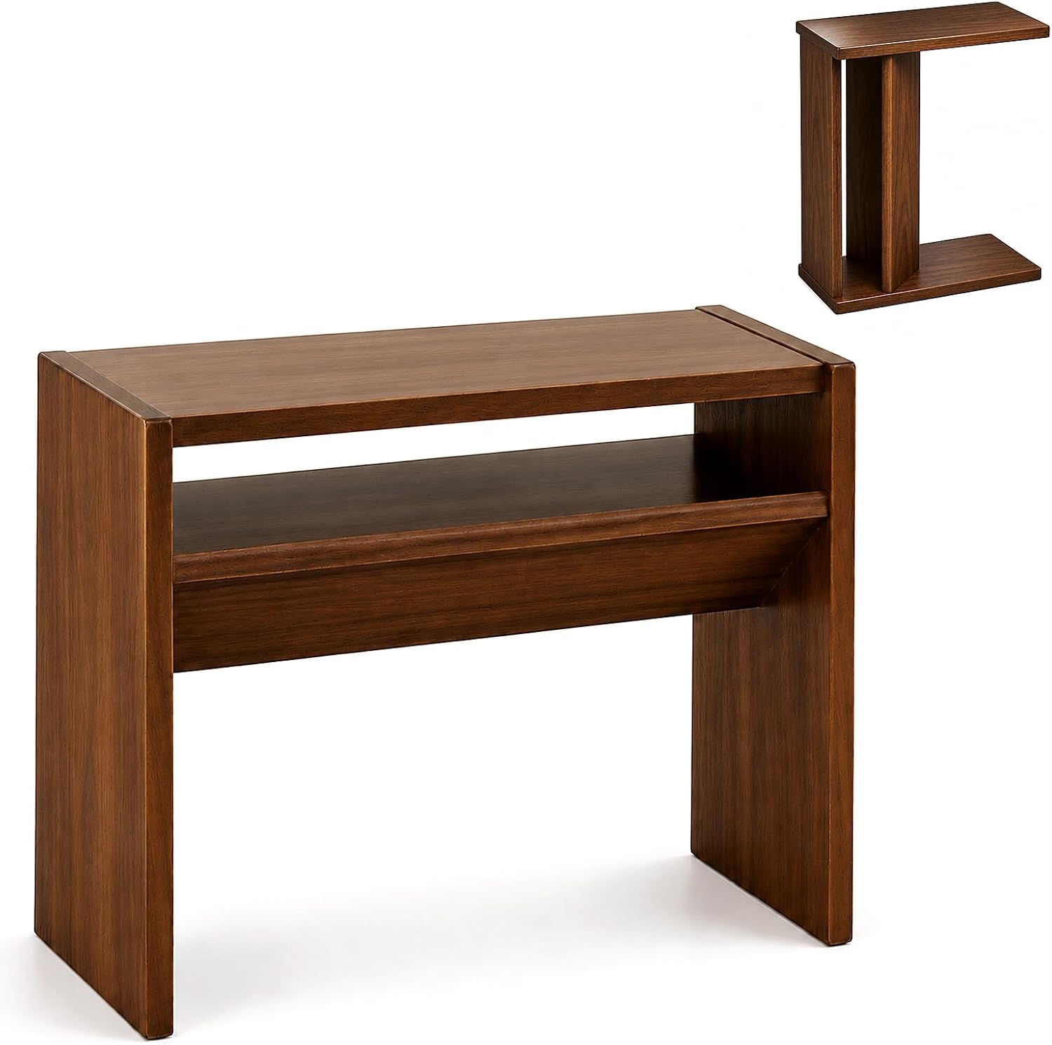 2-in-1 C-Shaped End Table & Side Table, Solid Rubberwood Side Table with Storage Shelf, Small End Table for Sofa Couch, Mid-Century Narrow Nightstand for Living Room Bedroom & Small Spaces