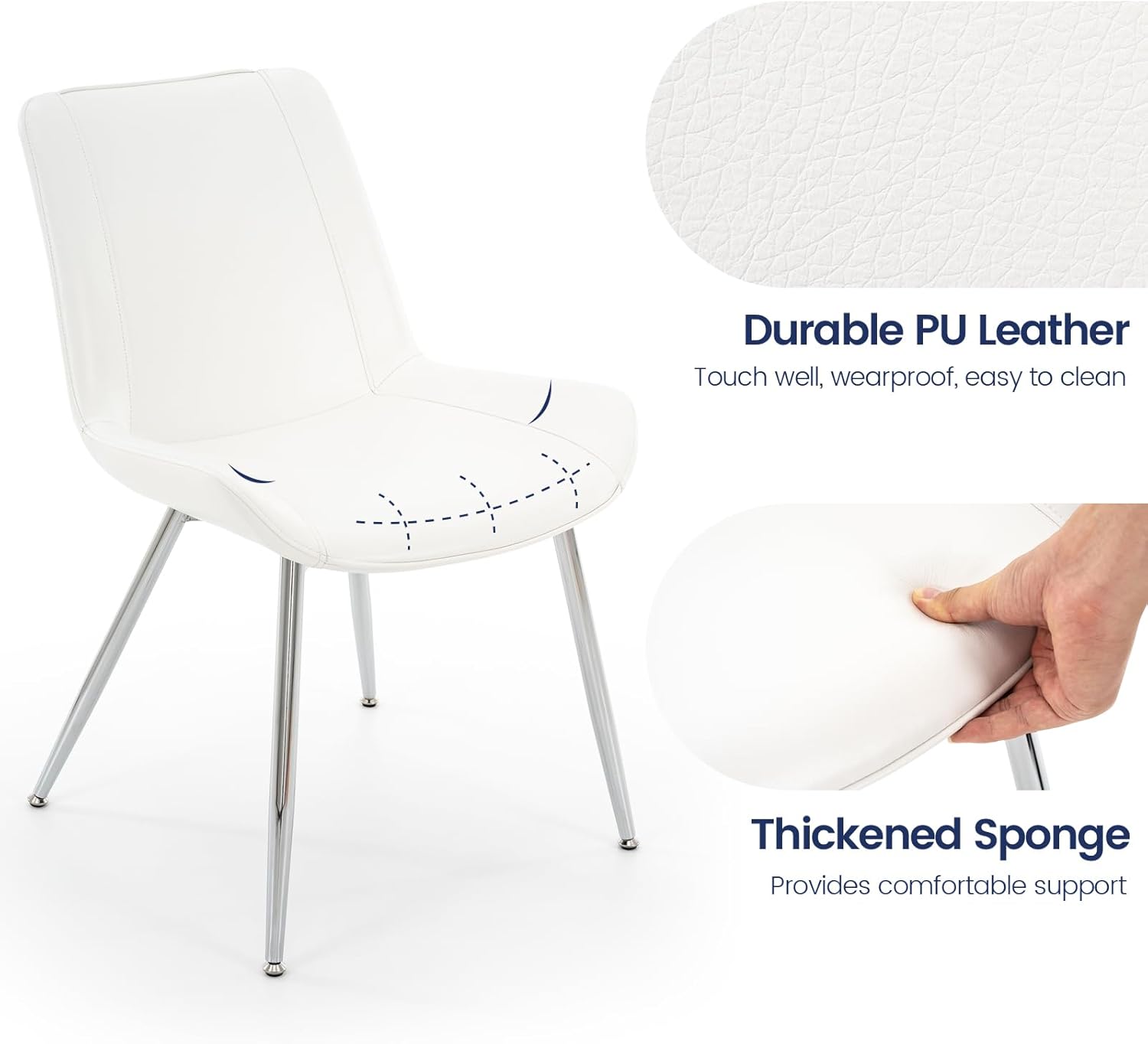 Brage Living Dining Chairs Set of 2, PU Leather Modern Armless Kitchen Dining Room Chairs, Upholstered Accent Side Chairs with Metal Legs (White with Silver Legs)