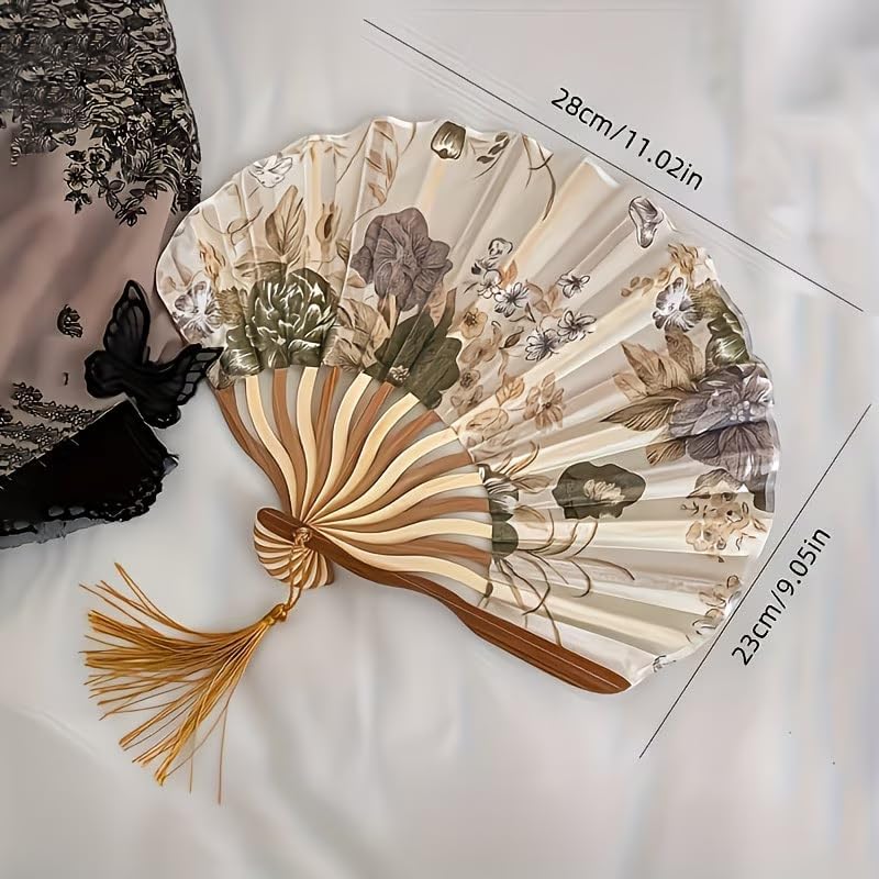 2Pcs Women's Vintage Floral Folding Fan, 11.02in Long, 9.05in Diameter, Handcrafted Chinese Style Fan With Tassel, Portable Decorative Fan,（Beige）