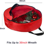 TQS Large Christmas Wreath Storage Bag - 30 Inch, Red, Cotton, Zipper Closure, Reinforced Handles, Double Zippers, Clear Card Slot, Ideal for Christmas Decorations