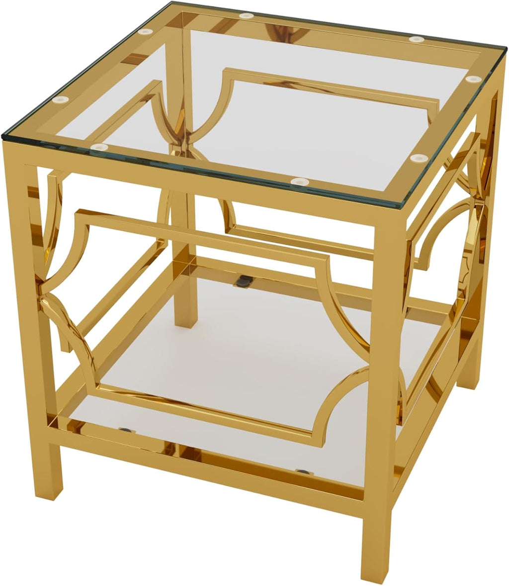 19.7" Modern Square Side Table with Tempered Glass Top & Storage Shelf, Luxury Glam End Table with Metal Frame for Living Room, Bedroom, Sofa Side, Small Space Accent Table