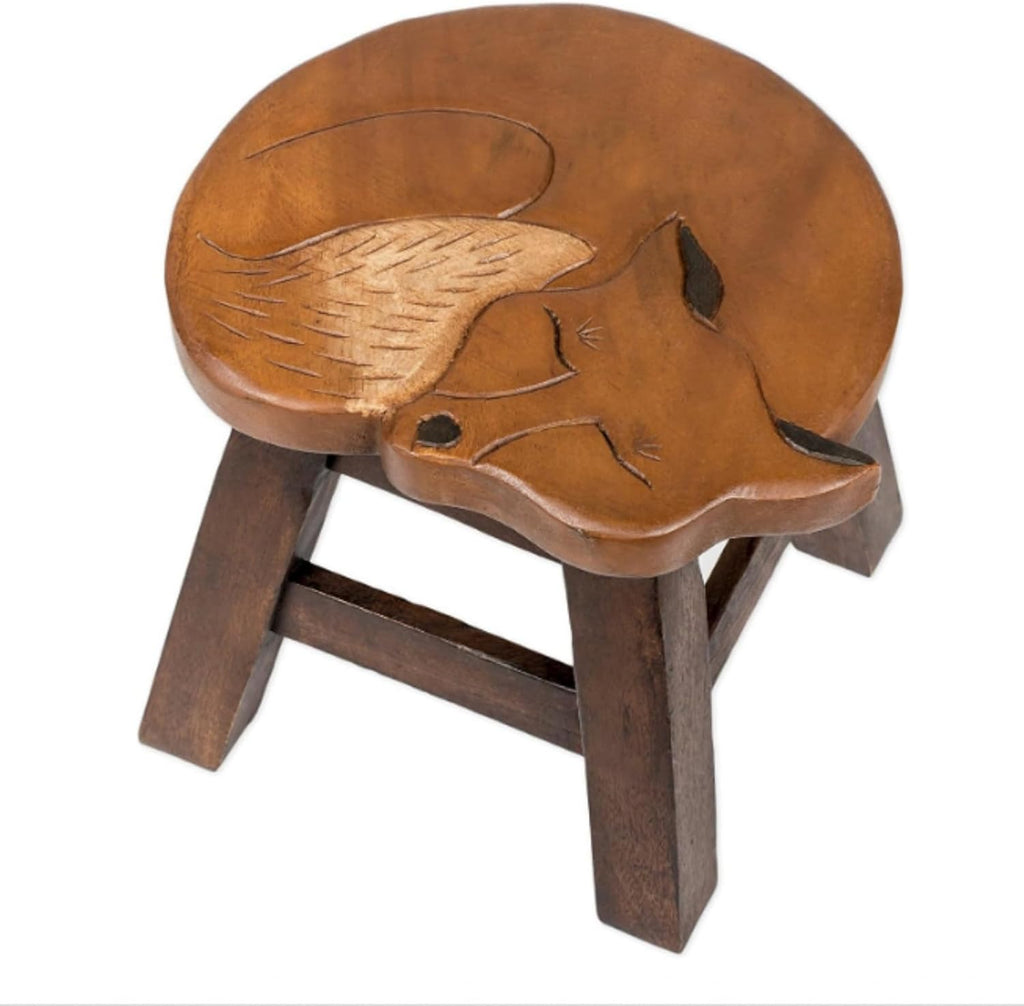Beeveer Fox Hand-Carved Wood Foot Stool 11 Inch Decorative Animal Foot Stool Fox Wood Decorative for Planter Kitchen