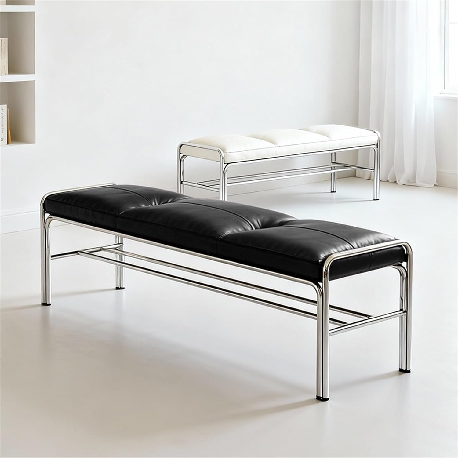 Modern Stainless Steel Long Bench with White Leather Cushion Home-use Soft-Padded Shoe Changing Stool Entryway(XS)