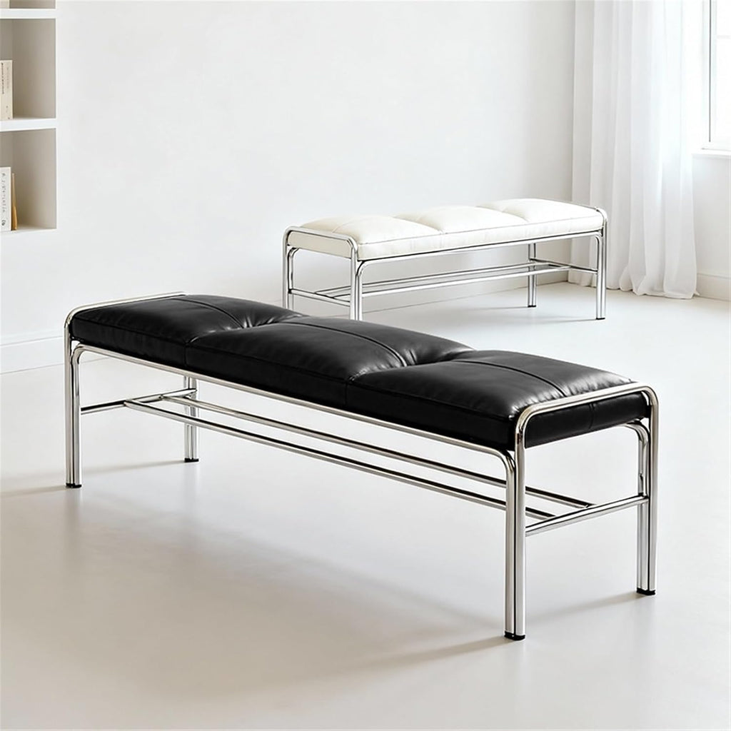 Modern Stainless Steel Long Bench with White Leather Cushion Home-use Soft-Padded Shoe Changing Stool Entryway(Large)