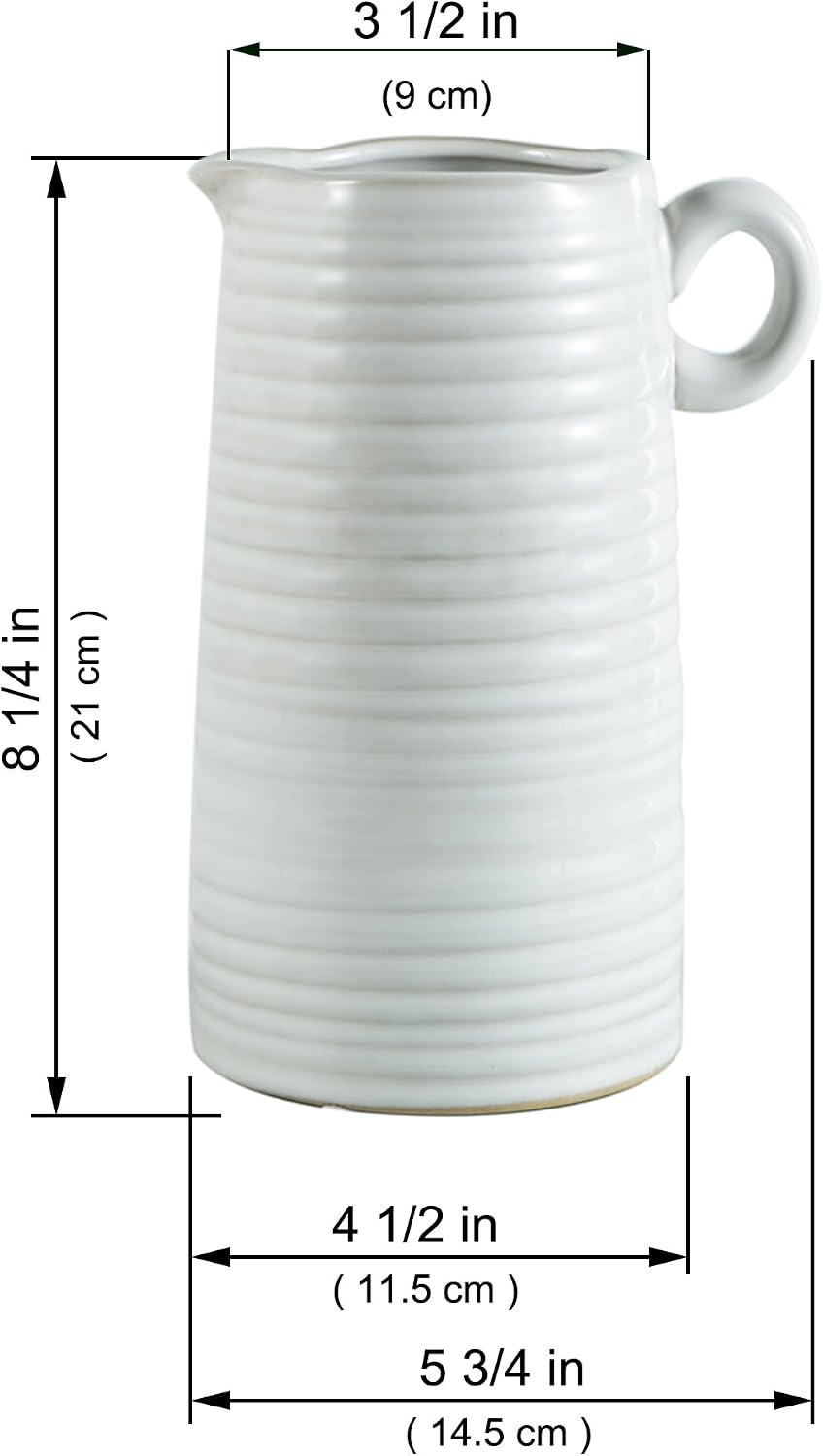 Kimdio White Ceramic Vase with Handle, Modern Farmhouse Pitcher Vases for Home Decor, Rustic Texture Pottery Vase, Decorative Flower Vase, Clay Vase, Centerpieces for for Living Room