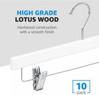 ZOBER Wooden Pants Hangers with Clips - 10 Pack Premium Wood Skirt Hangers for Women, Heavy Duty Wooden Hanger with Adjustable Metal Grip Clips for Jeans and Shorts, Smooth Finish White