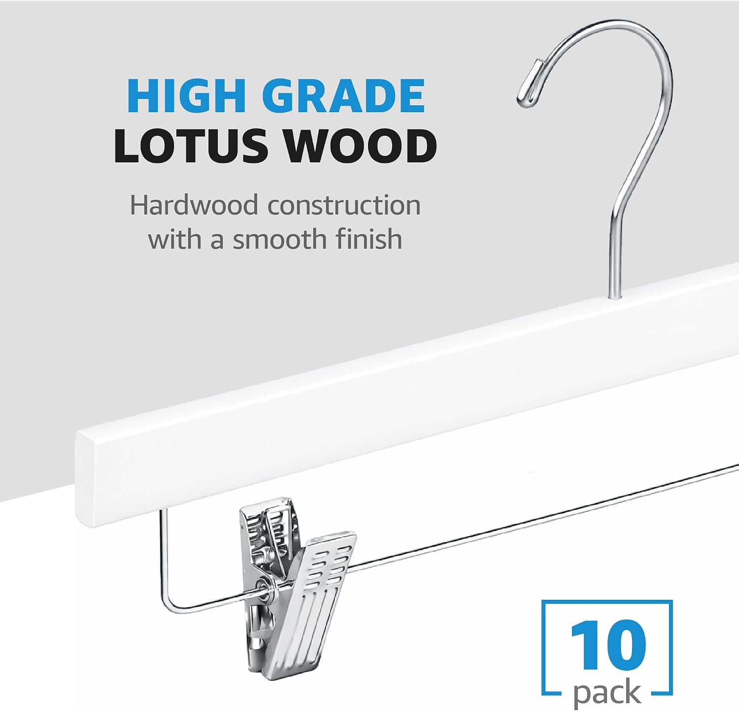 ZOBER Wooden Pants Hangers with Clips - 10 Pack Premium Wood Skirt Hangers for Women, Heavy Duty Wooden Hanger with Adjustable Metal Grip Clips for Jeans and Shorts, Smooth Finish White
