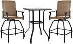 LEVELEVE Patio Bar Set 3pcs Swivel Bar Stools Outdoor Bistro Textilene Furniture Stability All-Weather Set with Height Table (3, Dark Brown Fabric)