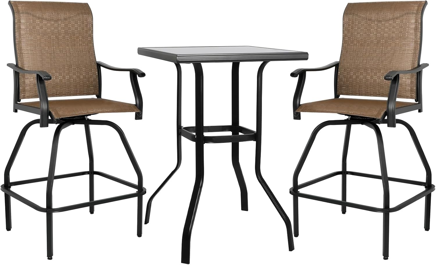 LEVELEVE Patio Bar Set 3pcs Swivel Bar Stools Outdoor Bistro Textilene Furniture Stability All-Weather Set with Height Table (3, Dark Brown Fabric)