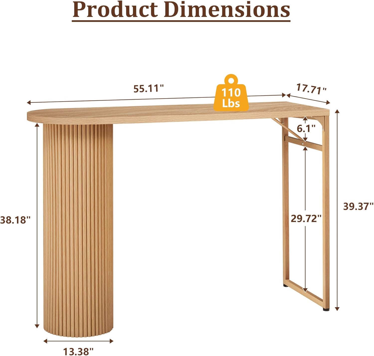 55" Long Bar Table, Fluted Wood Counter Height Pub Table, High Top Kitchen Breakfast Bar Tables with Sturdy Metal Frame, Modern Bar Height Dining Table for Bistro, Dining Room, Living Room