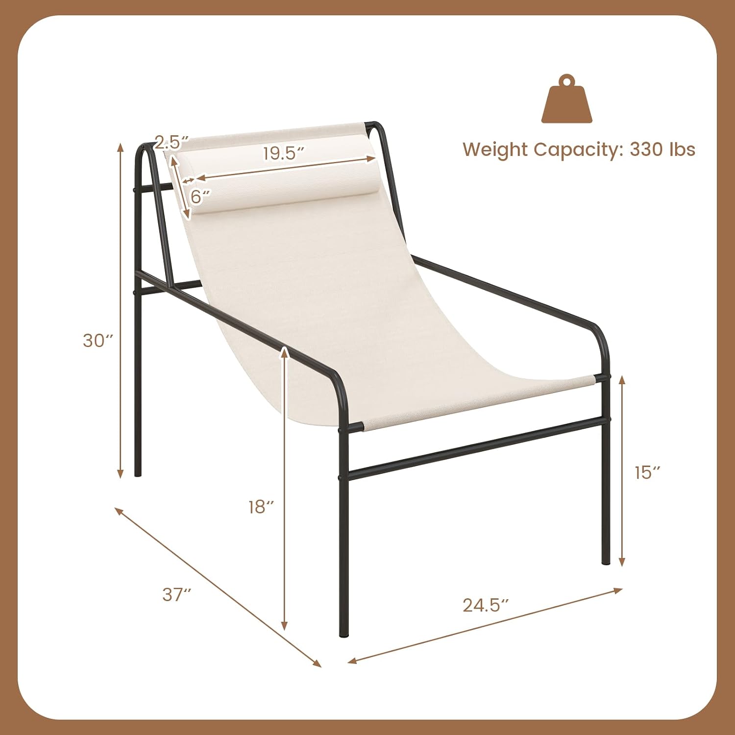 Giantex Patio Sling Lounge Chair Set of 2, Modern Sling Accent Chair with Removable Headrest Pillow, Heavy-Duty Metal Frame, Breathable Seat Fabric, Leisure Chair for Indoor Outdoor, 350 lbs Max Load